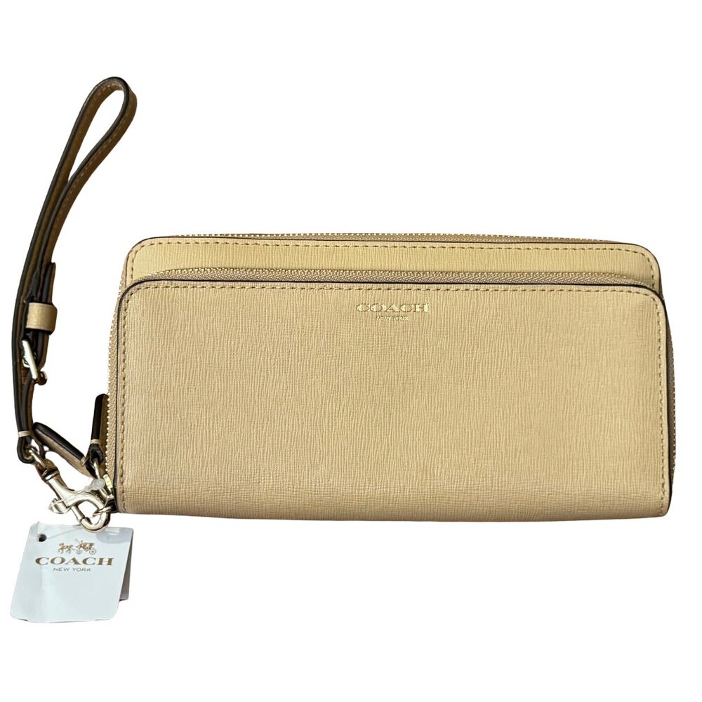 Coach Leather Large Accordion 2 Zipper Wallet Gold / Sand NWT
